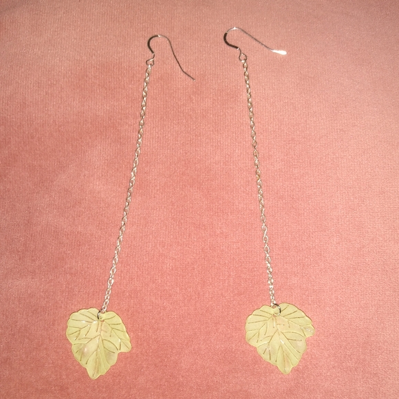Solid 925 REAL Sterling Silver Wires Long Chain Dangle Green Leaf Earrings New - Picture 6 of 8